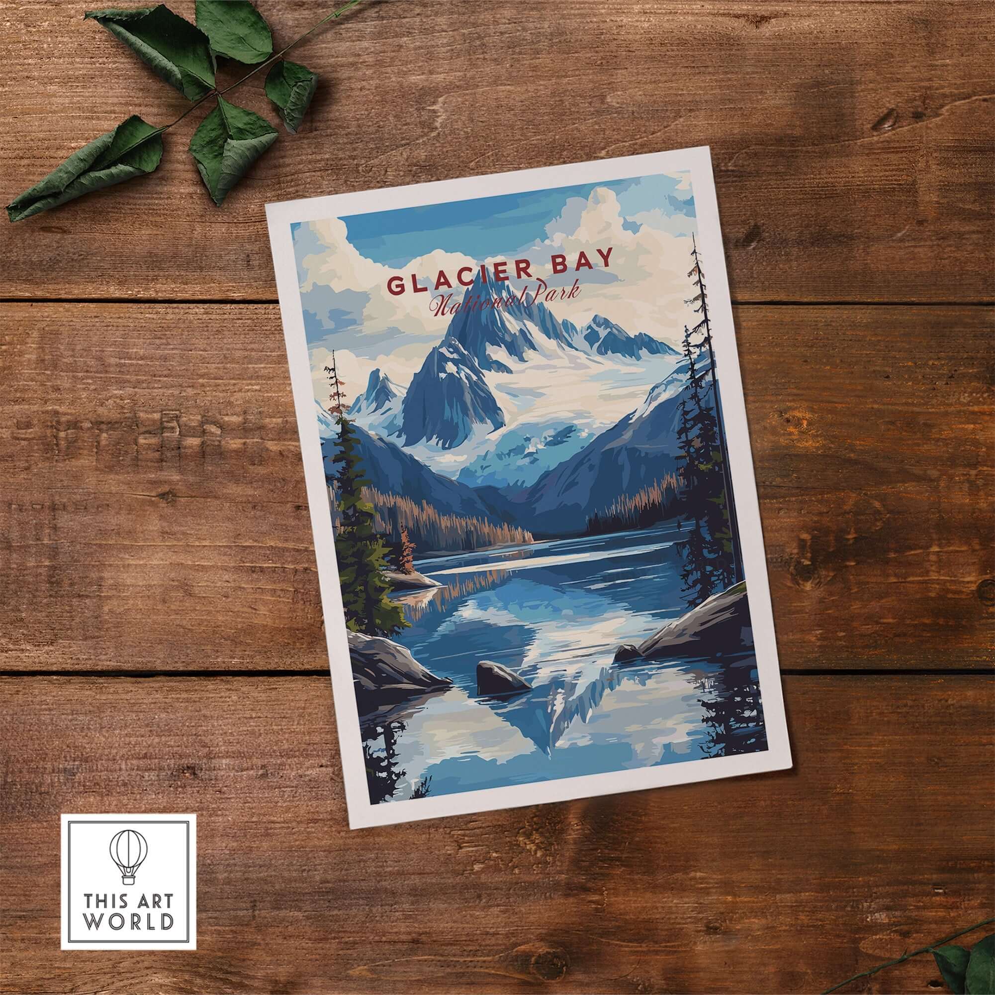 Glacier Bay Alaska Wall Art showcasing the majestic landscapes of Glacier Bay National Park in a colorful print.