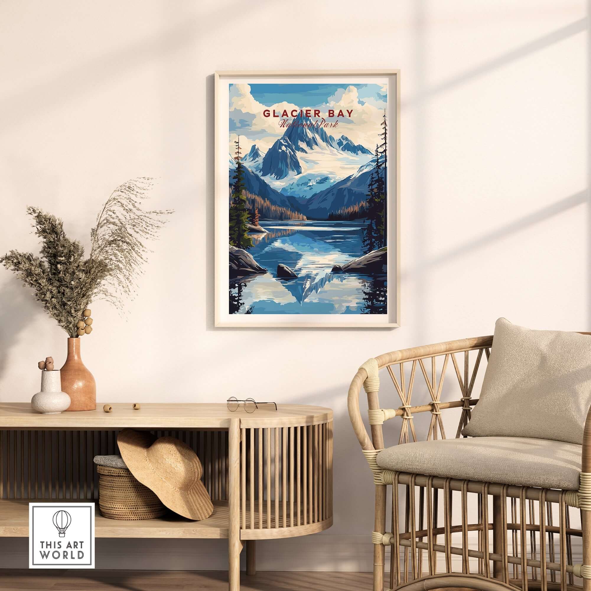 Glacier Bay Alaska Wall Art showcasing a picturesque landscape of Glacier Bay National Park in a stylish interior setting.