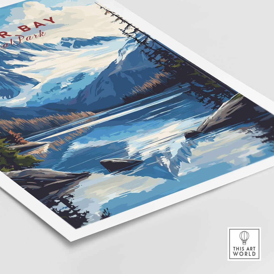 Glacier Bay Alaska wall art print showcasing mountains and serene waters, perfect for nature lovers.