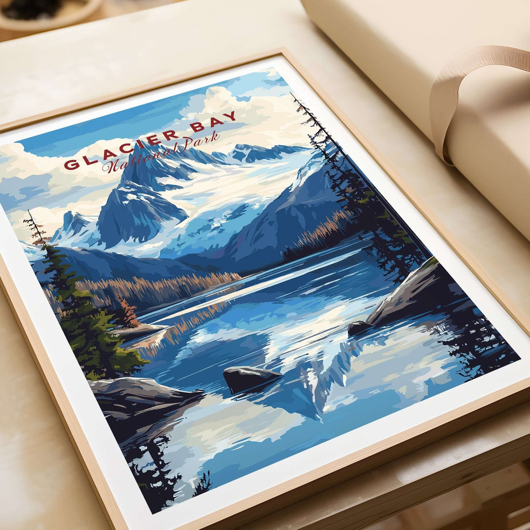 Glacier Bay Alaska wall art print featuring mountains and serene waters, ideal for nature lovers and home decor.