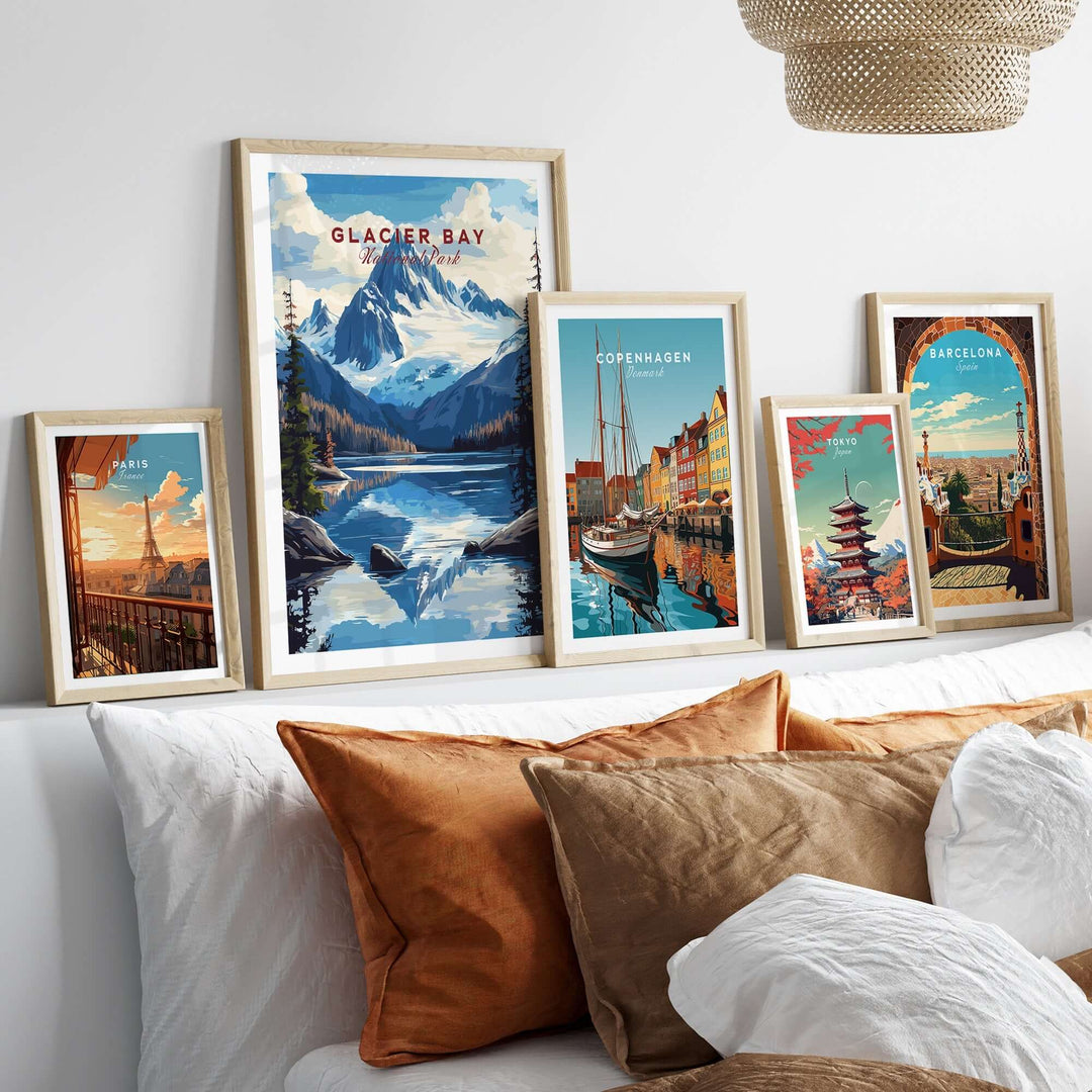 Glacier Bay Alaska wall art displayed in a cozy home setting with other city-themed prints. Perfect for nature and travel lovers.