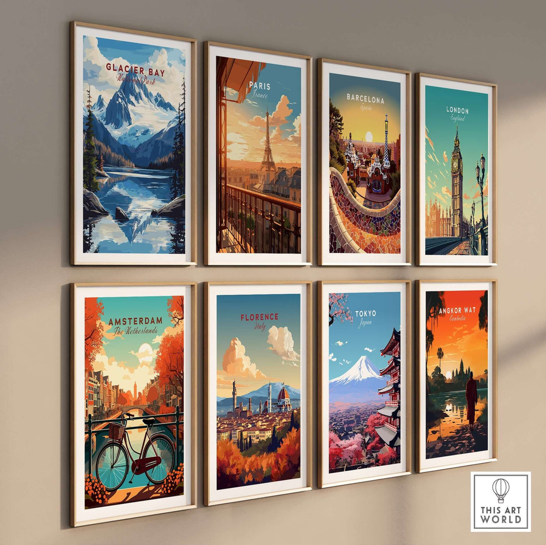 Framed travel posters including Glacier Bay Alaska, showcasing iconic landmarks and vibrant landscapes in a gallery arrangement.