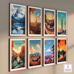Glacier Bay Alaska Wall Art displayed among various travel-themed posters in a modern gallery setting.