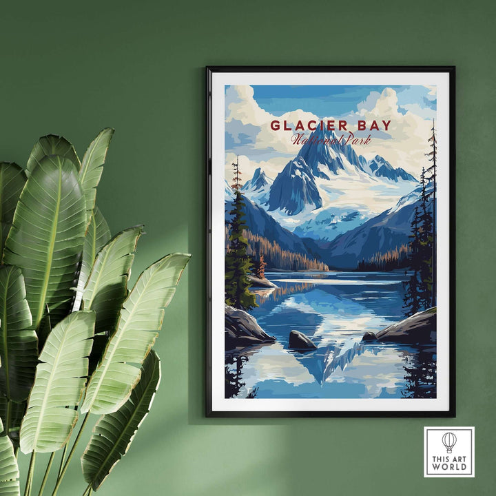 Glacier Bay Alaska wall art print featuring mountains and lake, perfect for nature lovers and home decor.