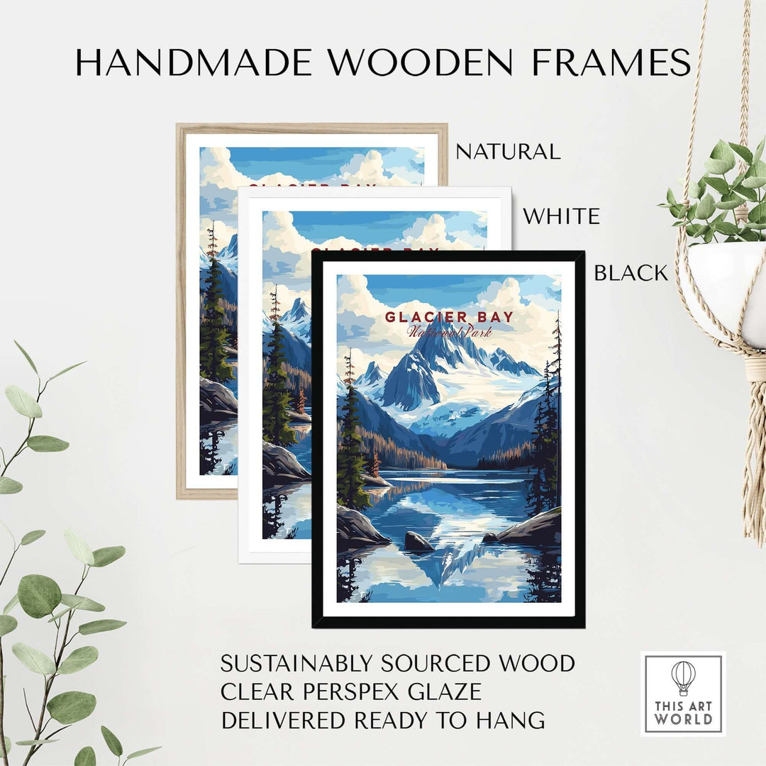 Handmade wooden frames in natural, white, and black for Glacier Bay Alaska wall art, featuring sustainably sourced wood.