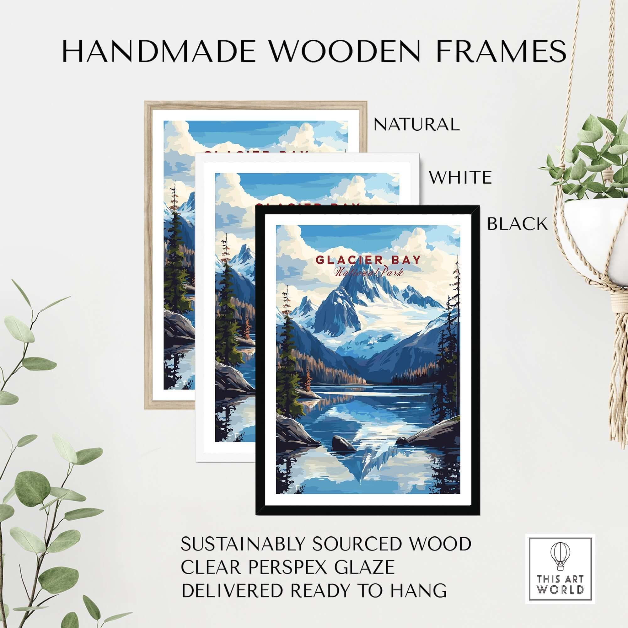 Glacier Bay Alaska Wall Art displayed in handmade wooden frames, natural, white, and black options.