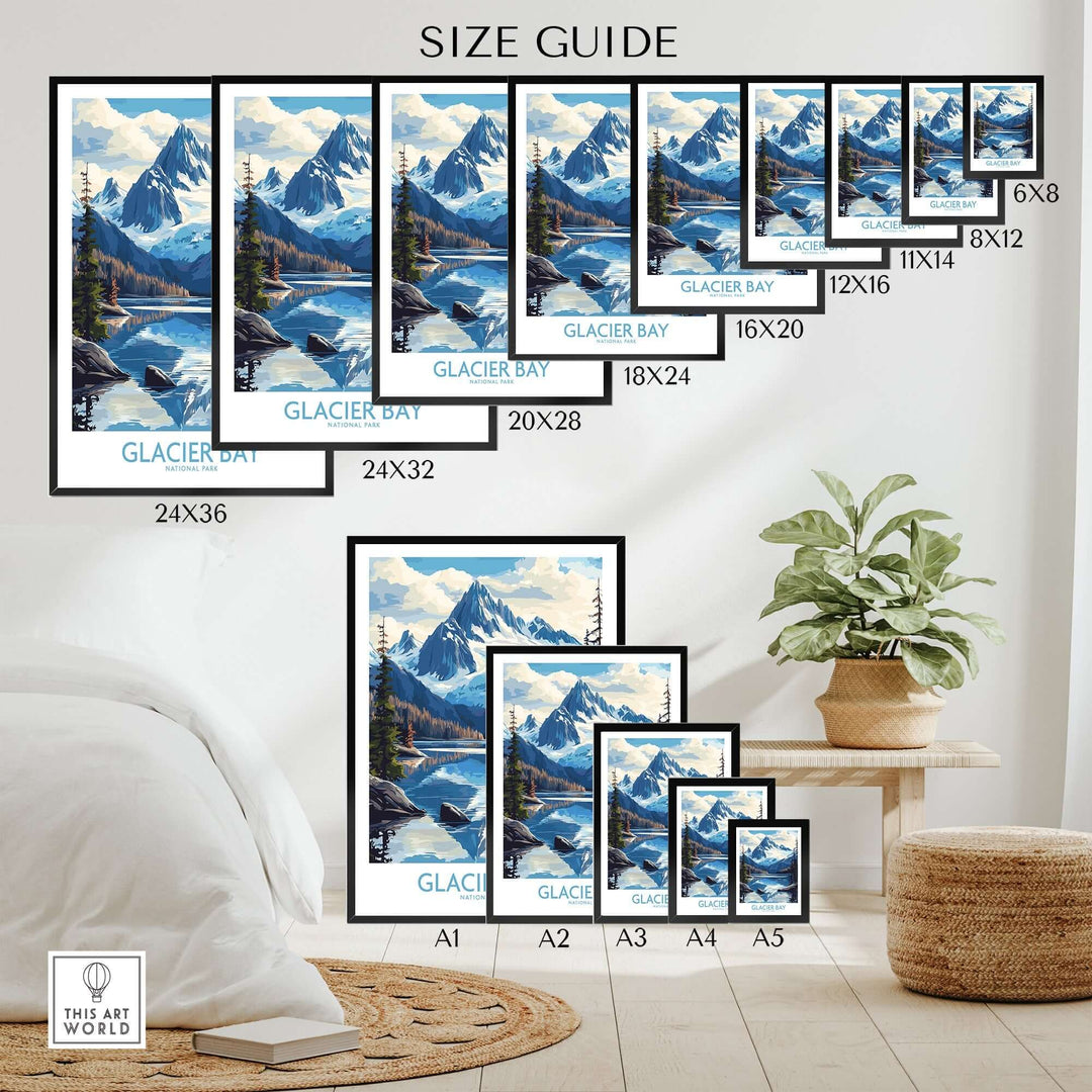 Size guide for Glacier Bay Alaska wall art print showcasing various frame sizes and vibrant mountain landscapes.