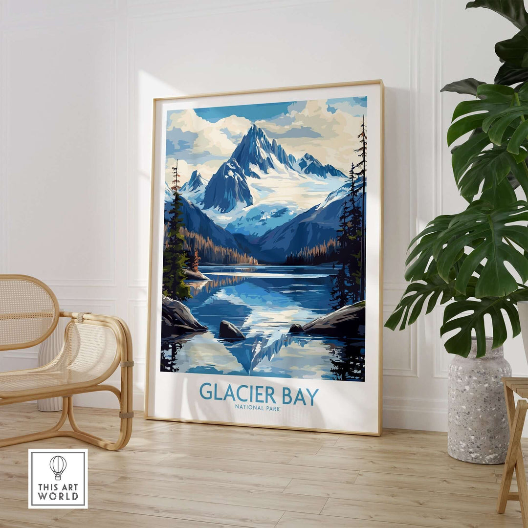 Glacier Bay Alaska wall art print featuring majestic mountains and serene waters, perfect for nature lovers.