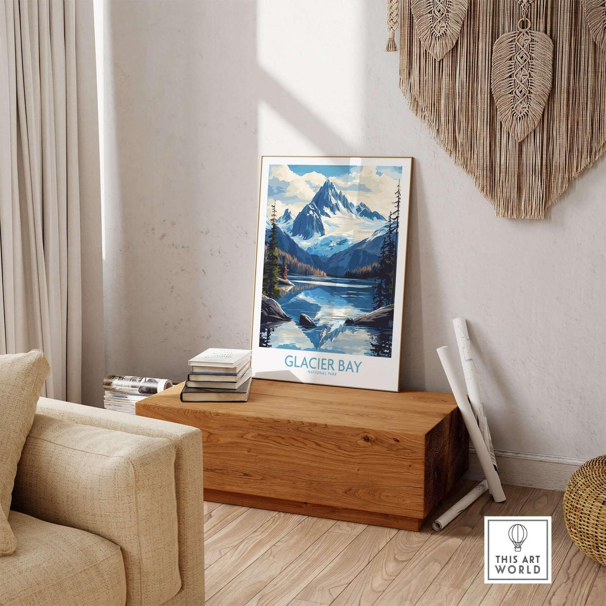 Glacier Bay Alaska Wall Art Print displayed in a cozy room with natural decor and ambient lighting.