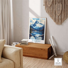 Glacier Bay Alaska Wall Art Print displayed in a cozy room with natural decor and ambient lighting.
