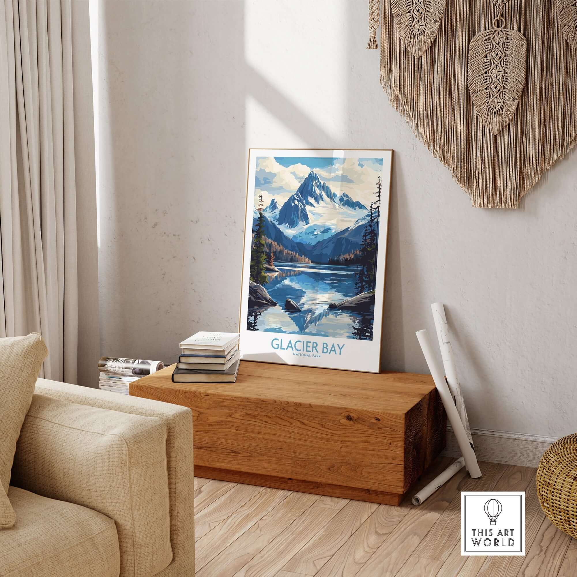 Glacier Bay Alaska Wall Art Print displayed in a cozy room with natural decor and ambient lighting.