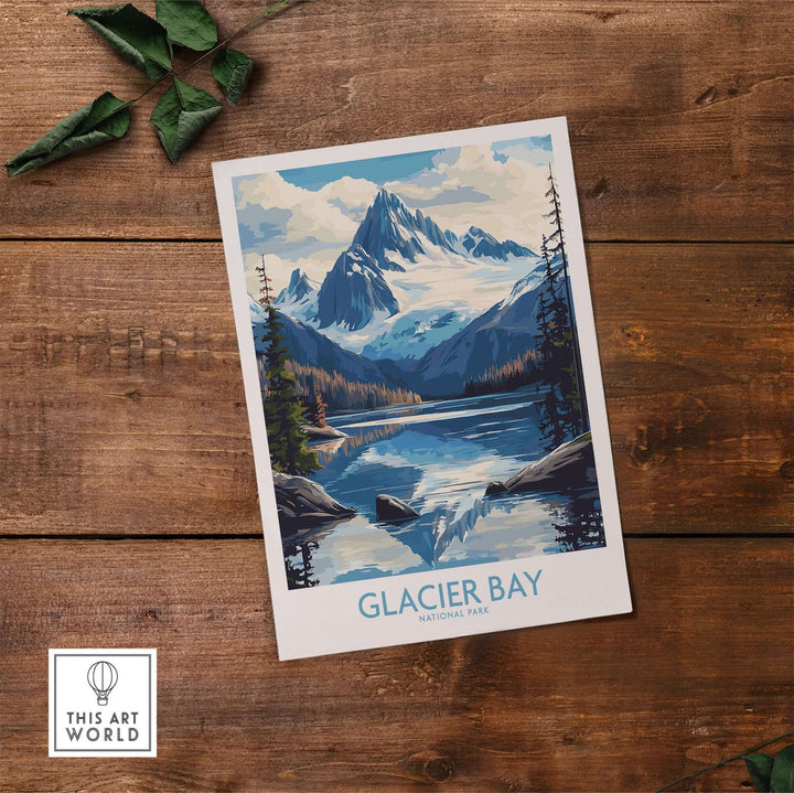 Glacier Bay Alaska wall art print featuring vibrant mountains and serene waters, ideal for nature lovers.