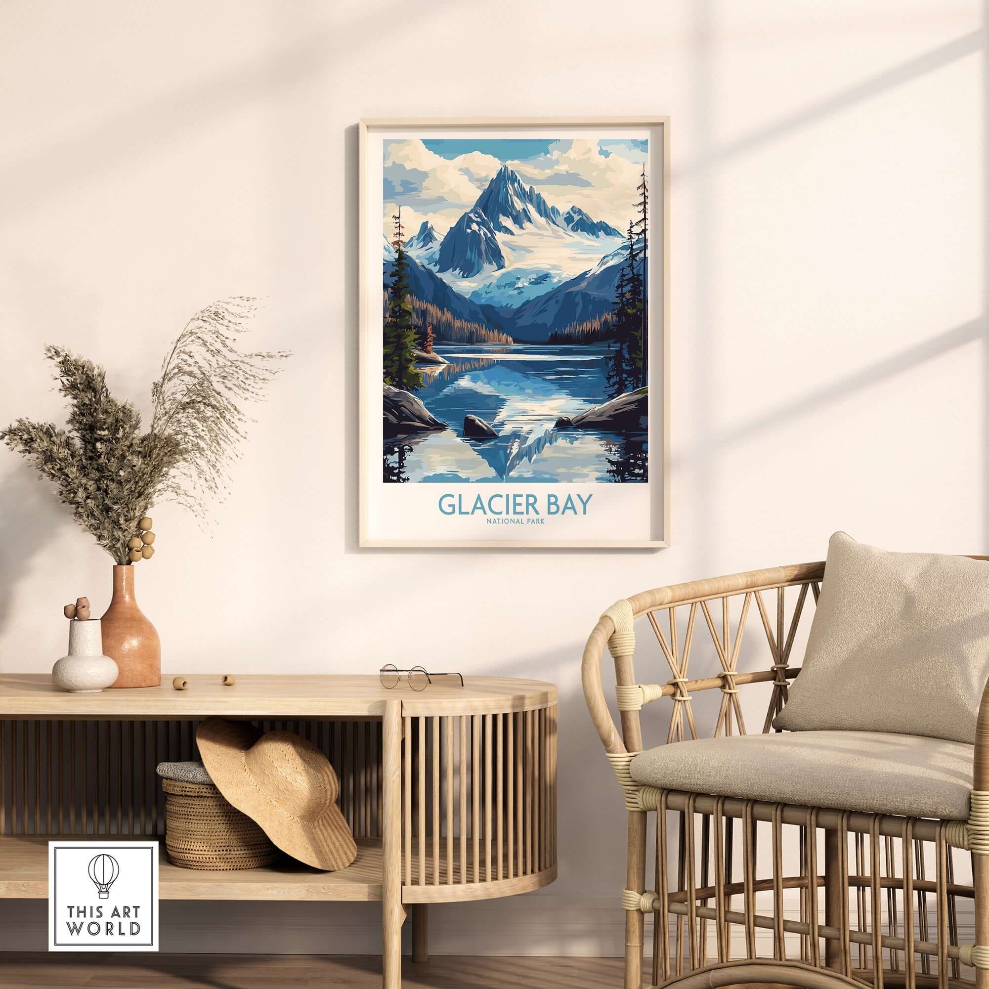 Glacier Bay Alaska Wall Art Print showcasing stunning mountain and lake scenery in a modern interior setting.