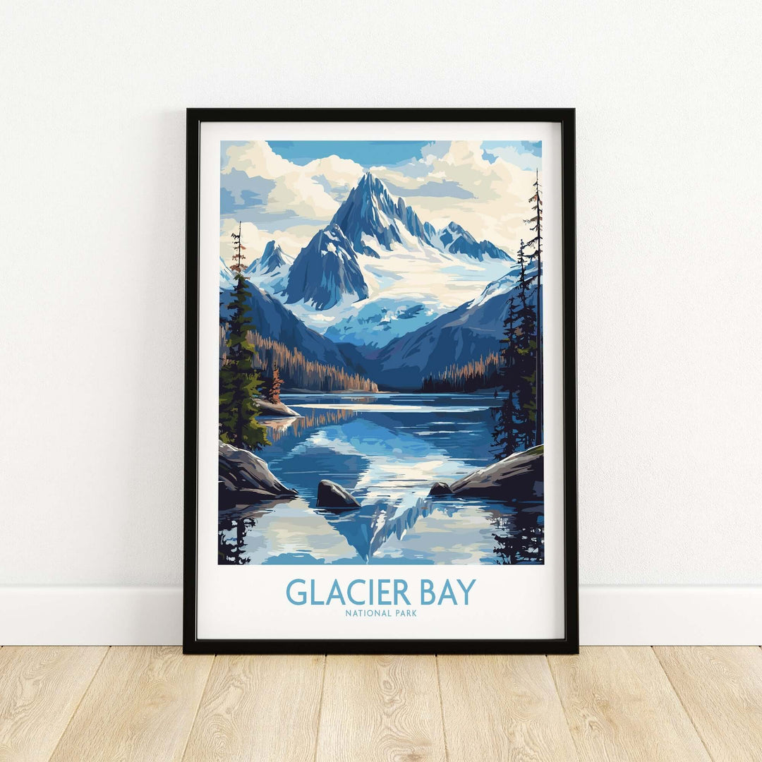 Glacier Bay Alaska wall art print featuring majestic mountains and a serene lake landscape in vibrant colors.