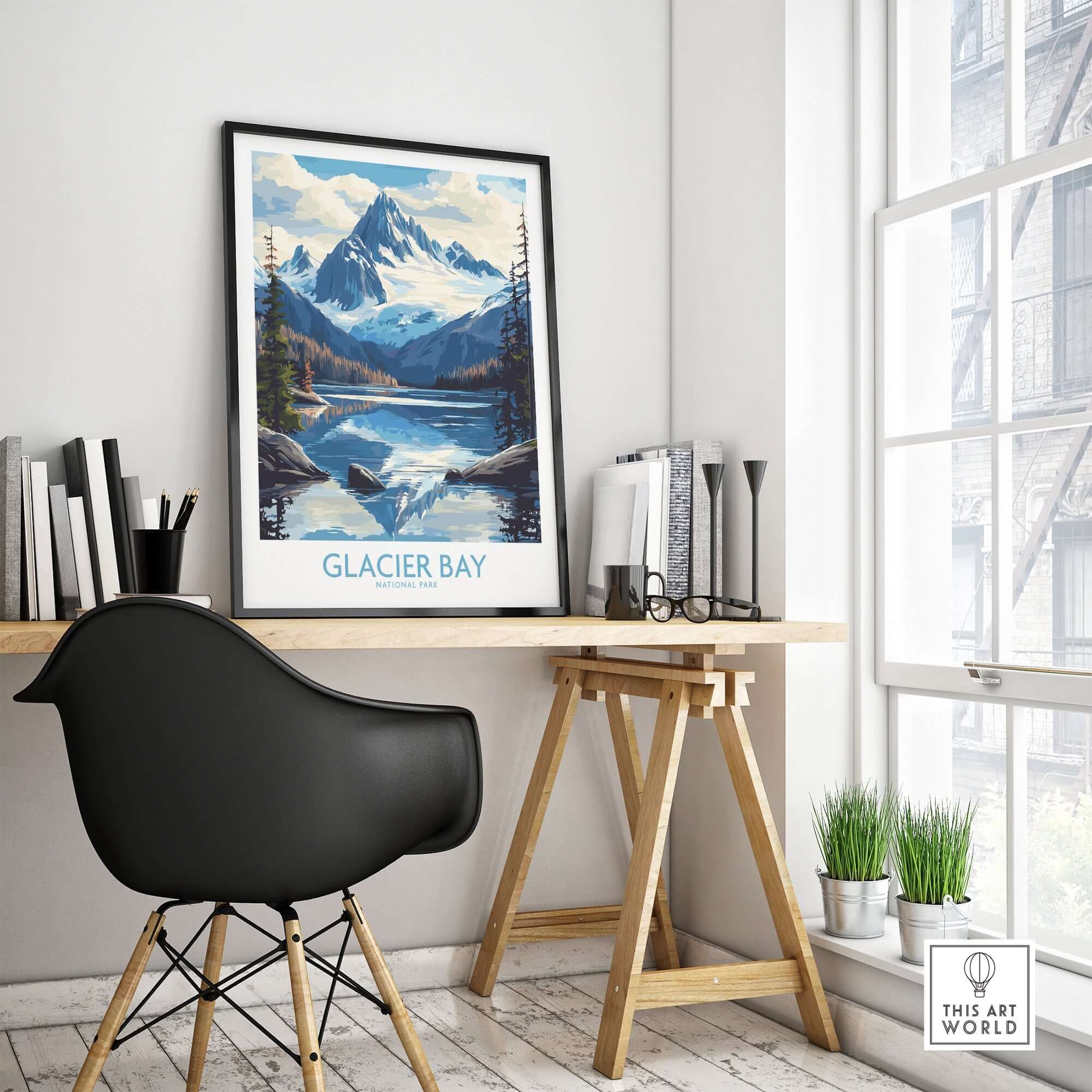 Glacier Bay Alaska Wall Art Print displayed in a modern workspace, showcasing stunning mountain and lake scenery.