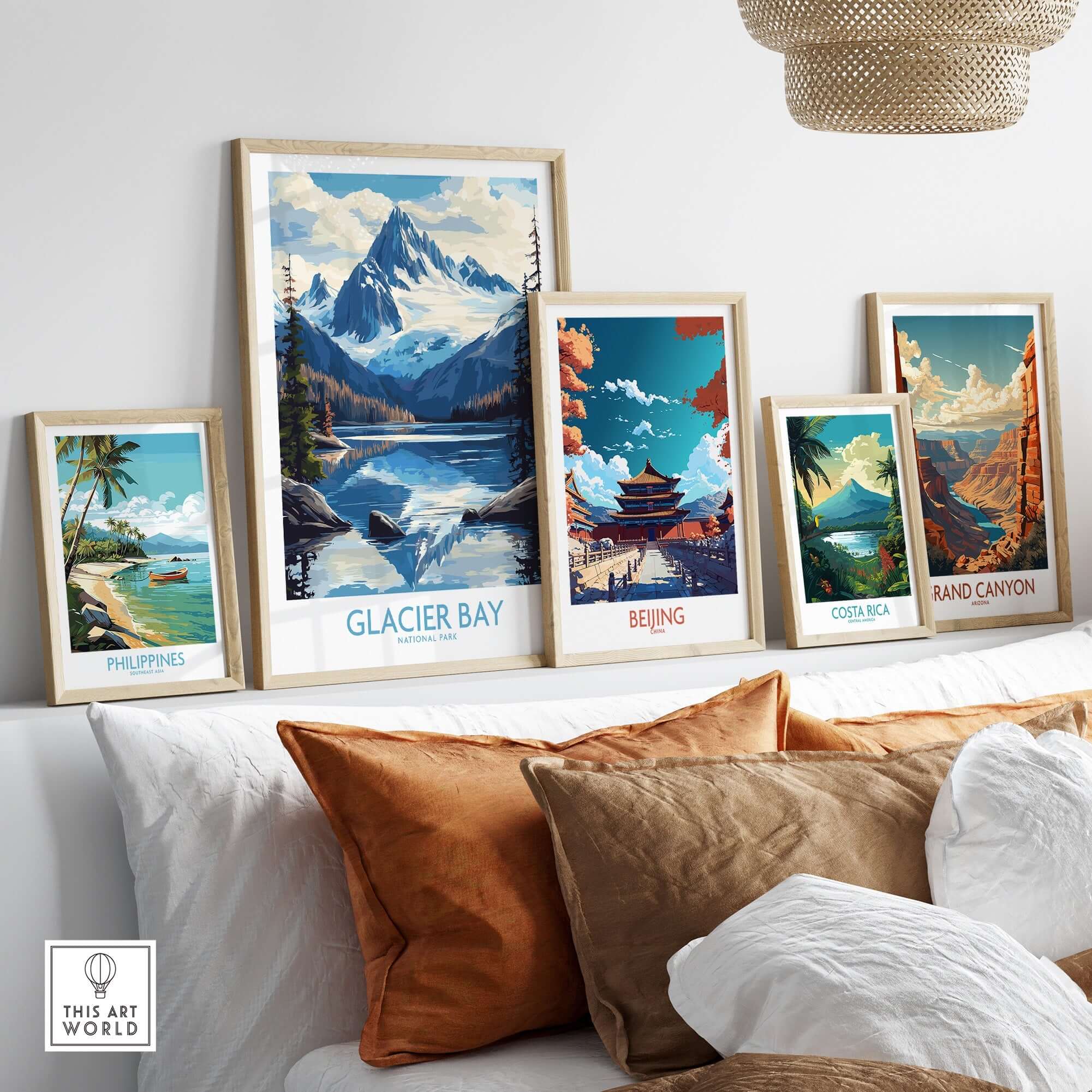 Glacier Bay Alaska Wall Art Print showcased among other travel-themed prints on a stylish wall.