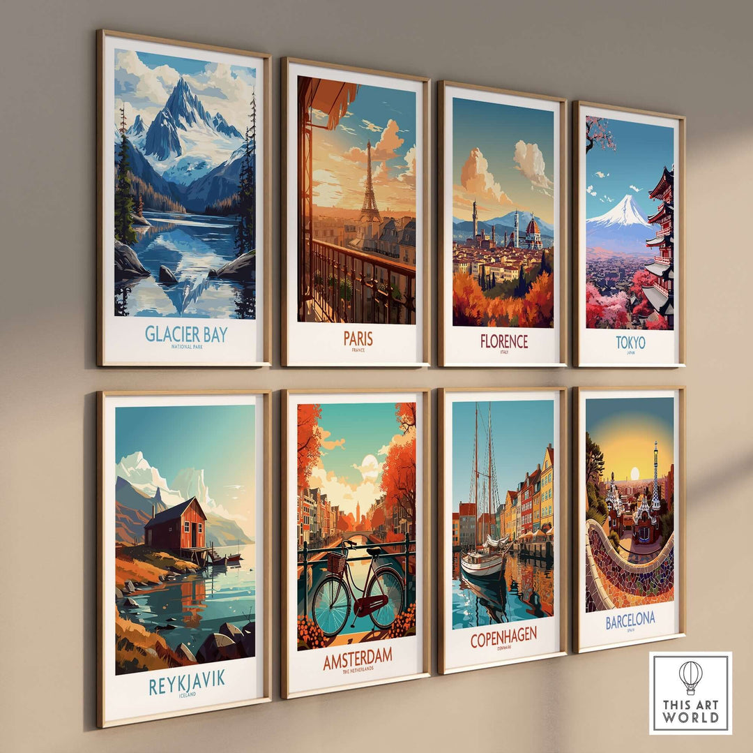 Gallery wall featuring Glacier Bay, Paris, Florence, Tokyo, Reykjavik, Amsterdam, Copenhagen, and Barcelona art prints.