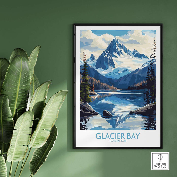 Glacier Bay Alaska wall art print featuring mountains and serene lake, perfect for nature lovers and home decor.