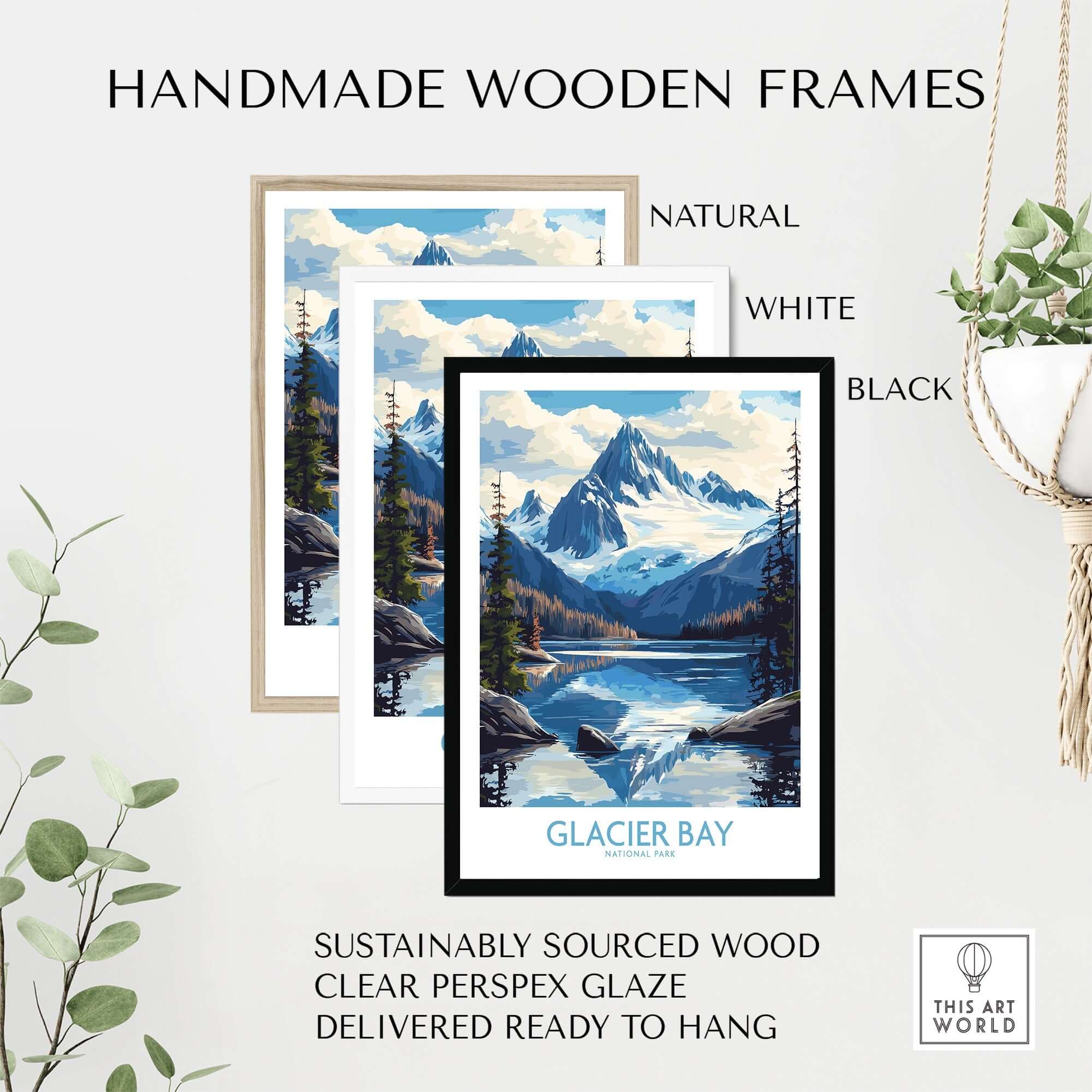 Glacier Bay Alaska Wall Art Print framed in natural, white, and black handmade wooden frames.