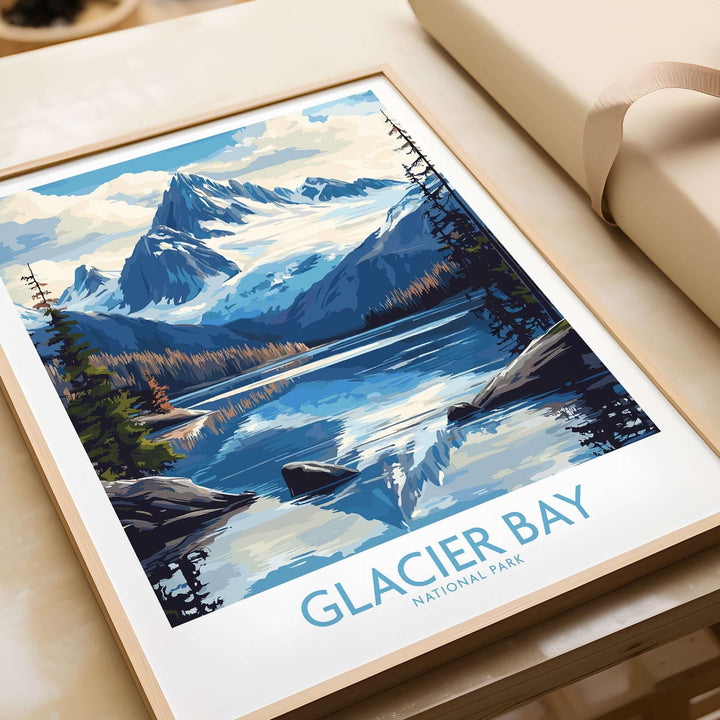 Glacier Bay Alaska Wall Art Print showcasing vibrant mountains and serene waters, perfect for nature enthusiasts.