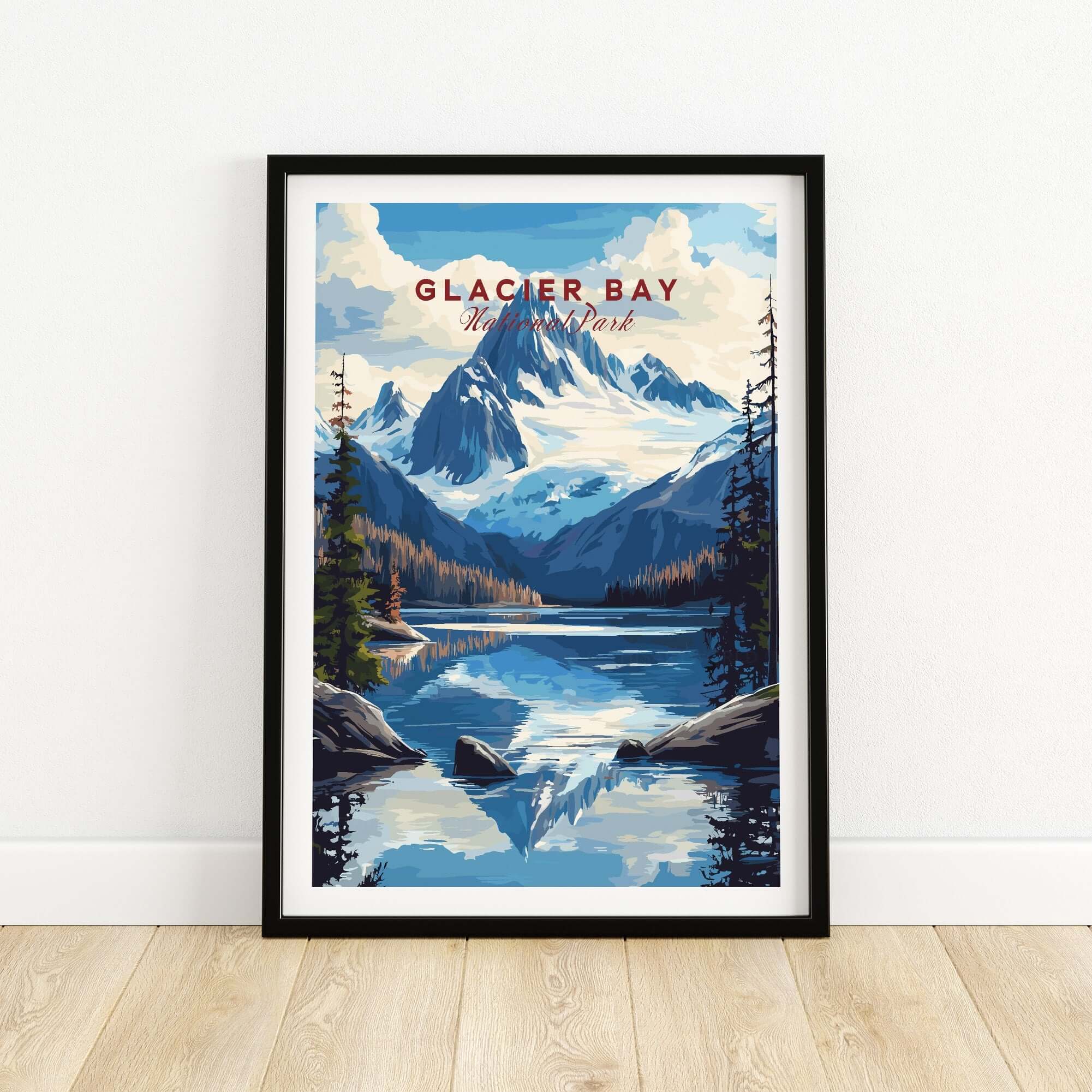 Glacier Bay Alaska Wall Art showcasing breathtaking mountains and serene lake reflections.