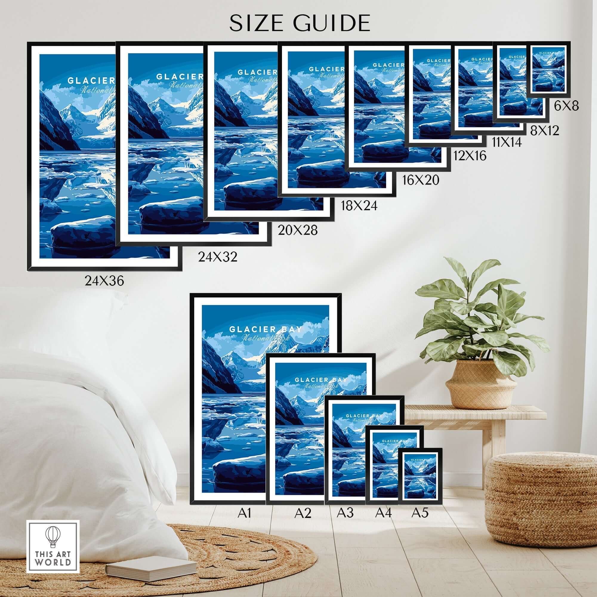 Size guide for Glacier Bay National Park Alaska Print showcasing various frame sizes.