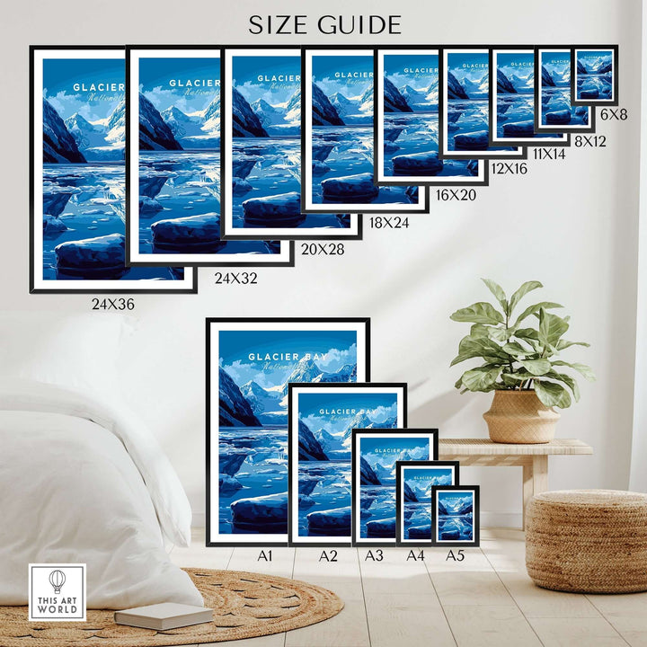 Size guide for Glacier Bay National Park Alaska print in various dimensions displayed in a stylish home setting.