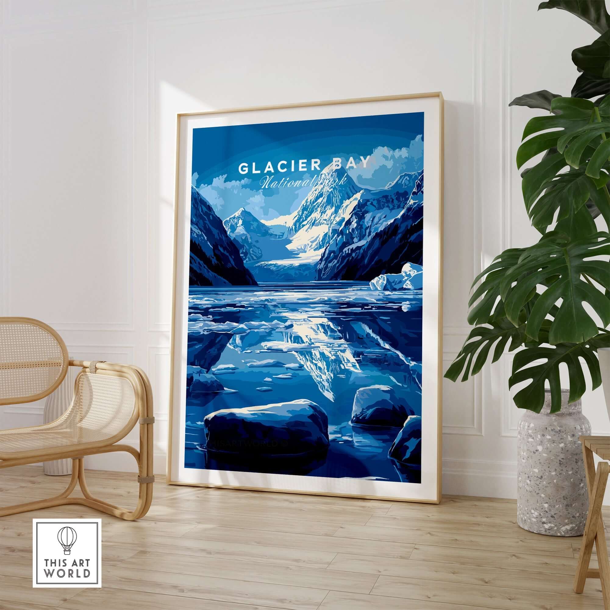 Glacier Bay National Park Alaska Print showcases breathtaking glaciers and mountains in a beautiful home setting.