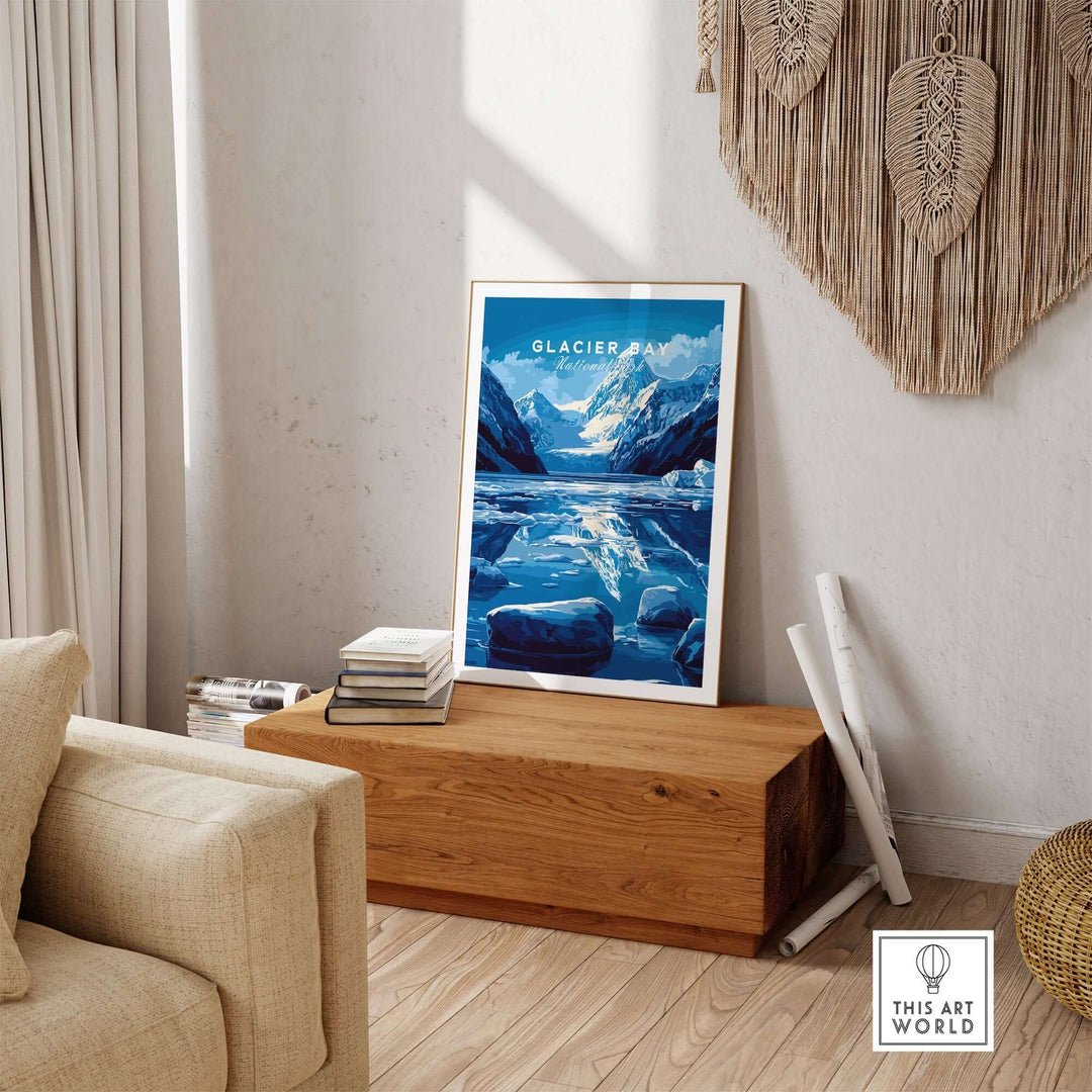 Glacier Bay National Park Alaska print displayed in a stylish living room, showcasing stunning blue glaciers and mountains.