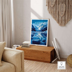 Glacier Bay National Park Alaska Print displayed in a cozy living room setting with wood accents.