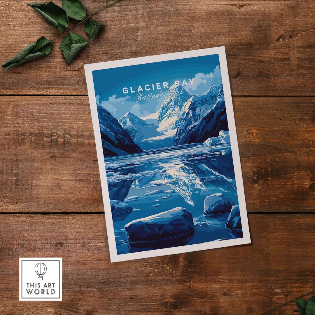 Glacier Bay National Park Alaska print featuring majestic mountains and glacial waters in vibrant blue tones.