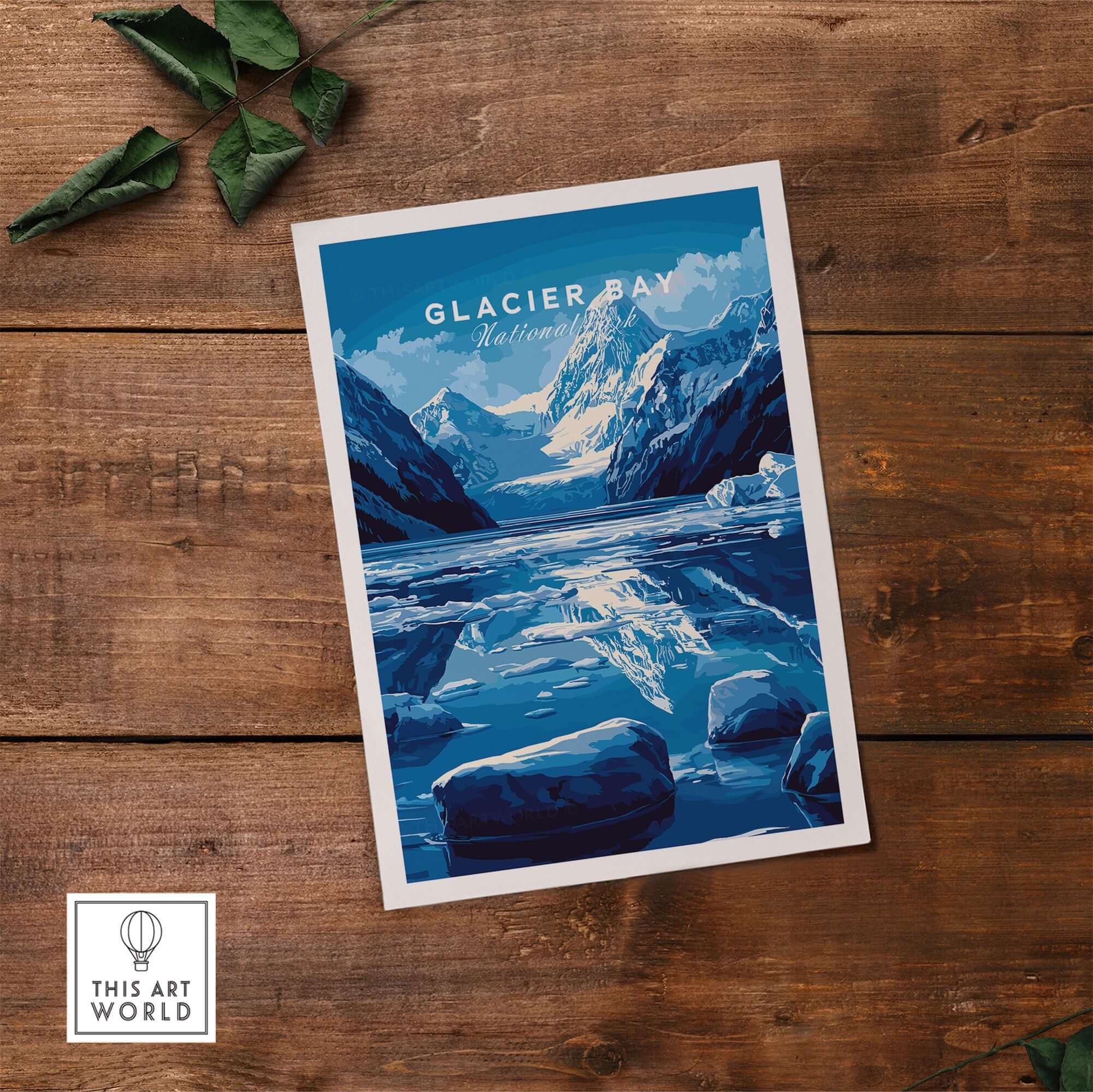 Glacier Bay National Park Alaska Print featuring majestic glaciers and rugged mountains in blue tones.