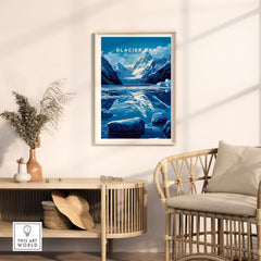 Glacier Bay National Park Alaska Print framed on wall showcasing stunning mountain and glacier scenery.