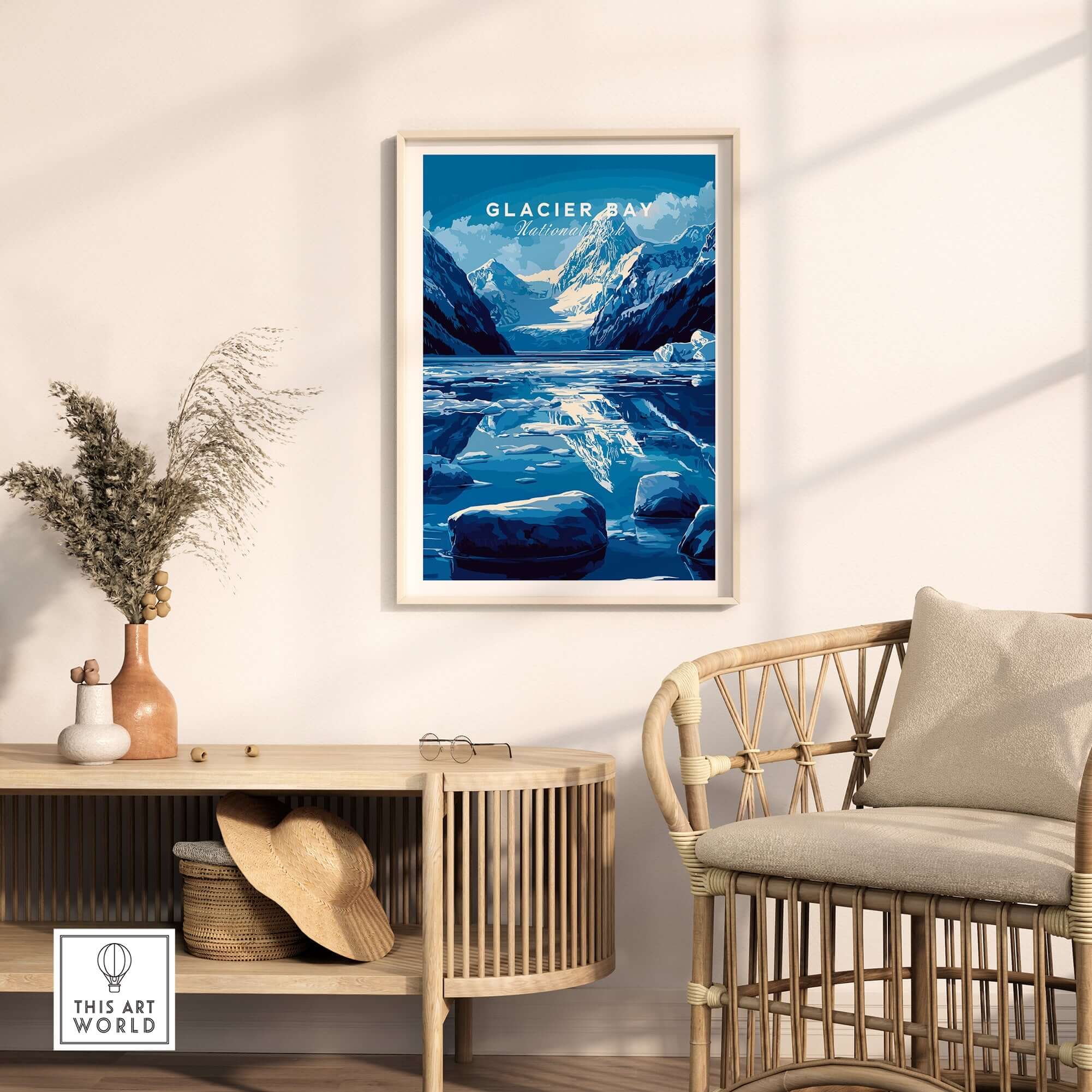 Glacier Bay National Park Alaska Print framed on wall showcasing stunning mountain and glacier scenery.