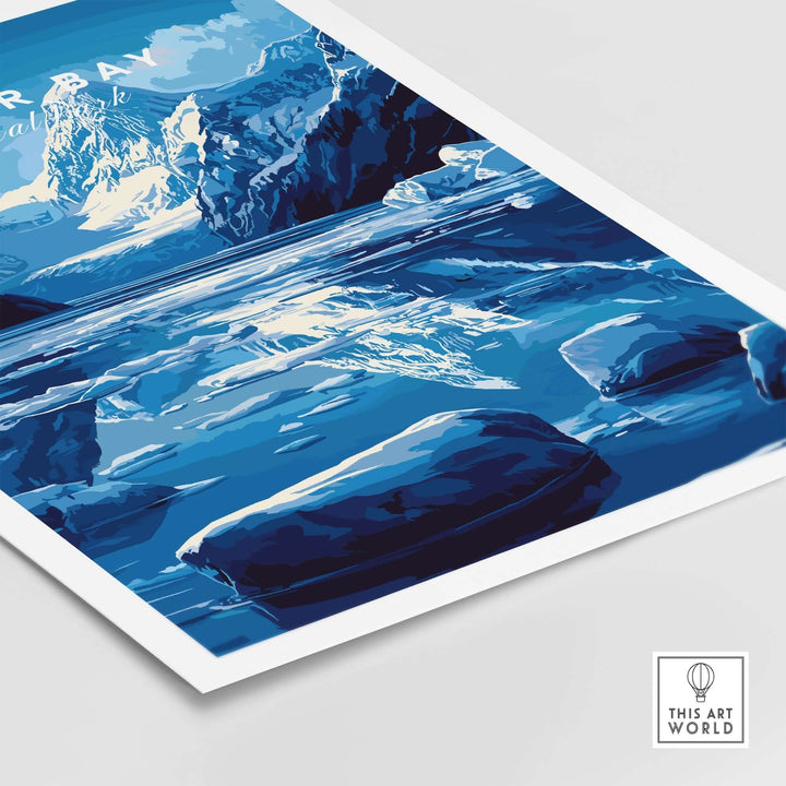 Glacier Bay National Park Alaska print featuring stunning blue tones, rugged mountains, and serene waters, perfect for nature lovers.