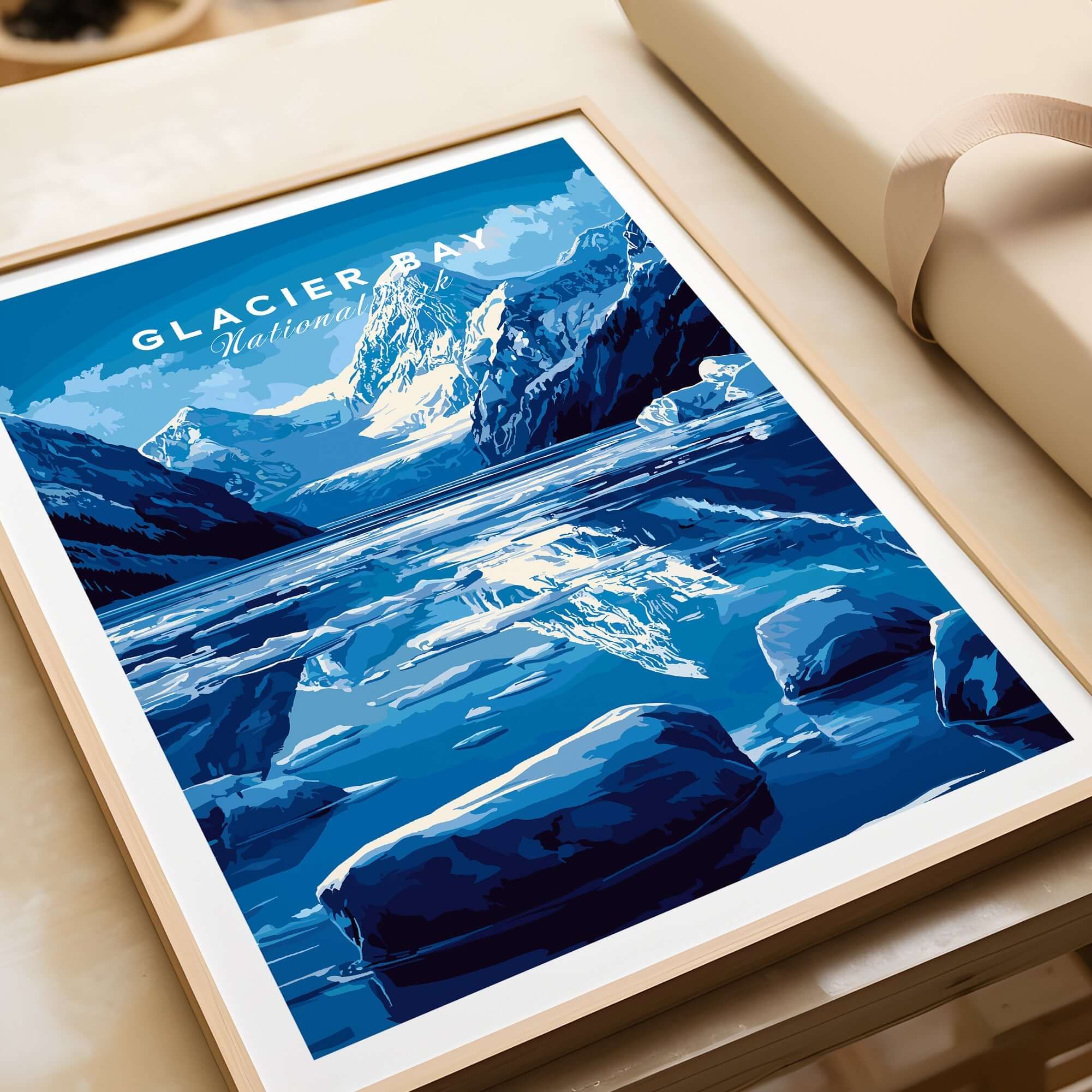 Glacier Bay National Park Alaska Print showcasing majestic glaciers and mountains in stunning blue tones.