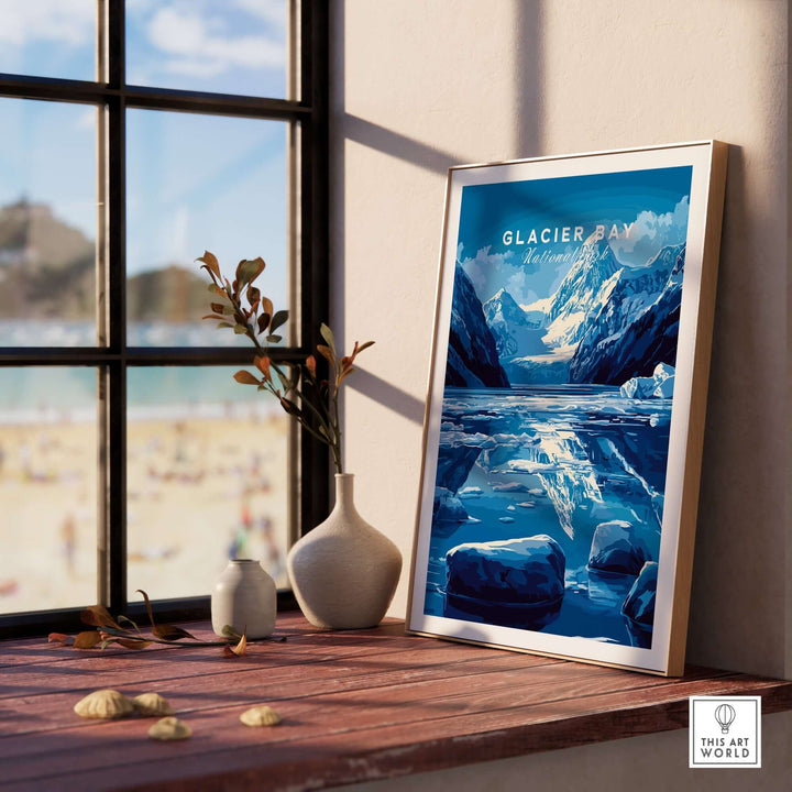 Glacier Bay National Park Alaska print displayed in a bright room, showcasing glaciers and mountains against a scenic backdrop.