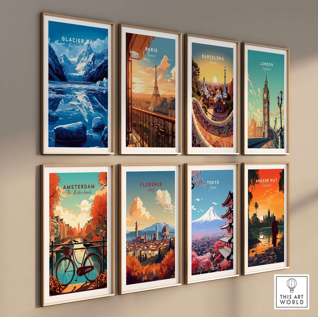 Collection of travel prints featuring Glacier, Paris, Barcelona, London, Amsterdam, Florence, Tokyo, and Angkor Wat.