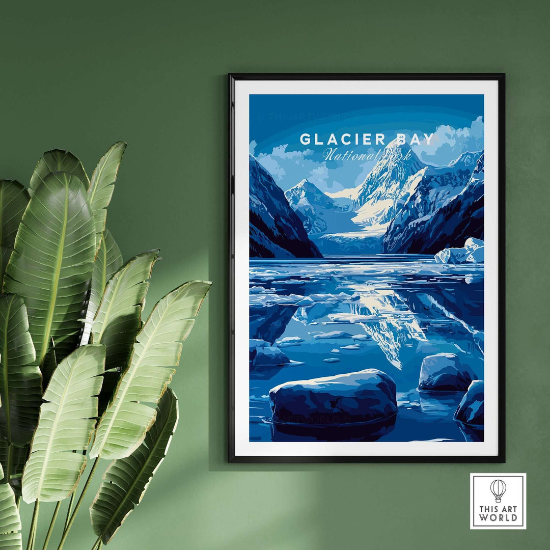 Glacier Bay National Park Alaska print featuring majestic mountains and serene glacial waters, perfect for nature lovers.