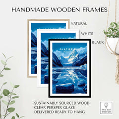 Handmade wooden frames for Glacier Bay National Park Alaska Print in natural, white, and black finishes.