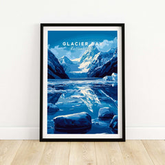 Glacier Bay National Park Alaska Print featuring stunning blue glaciers and mountains in a framed artwork.