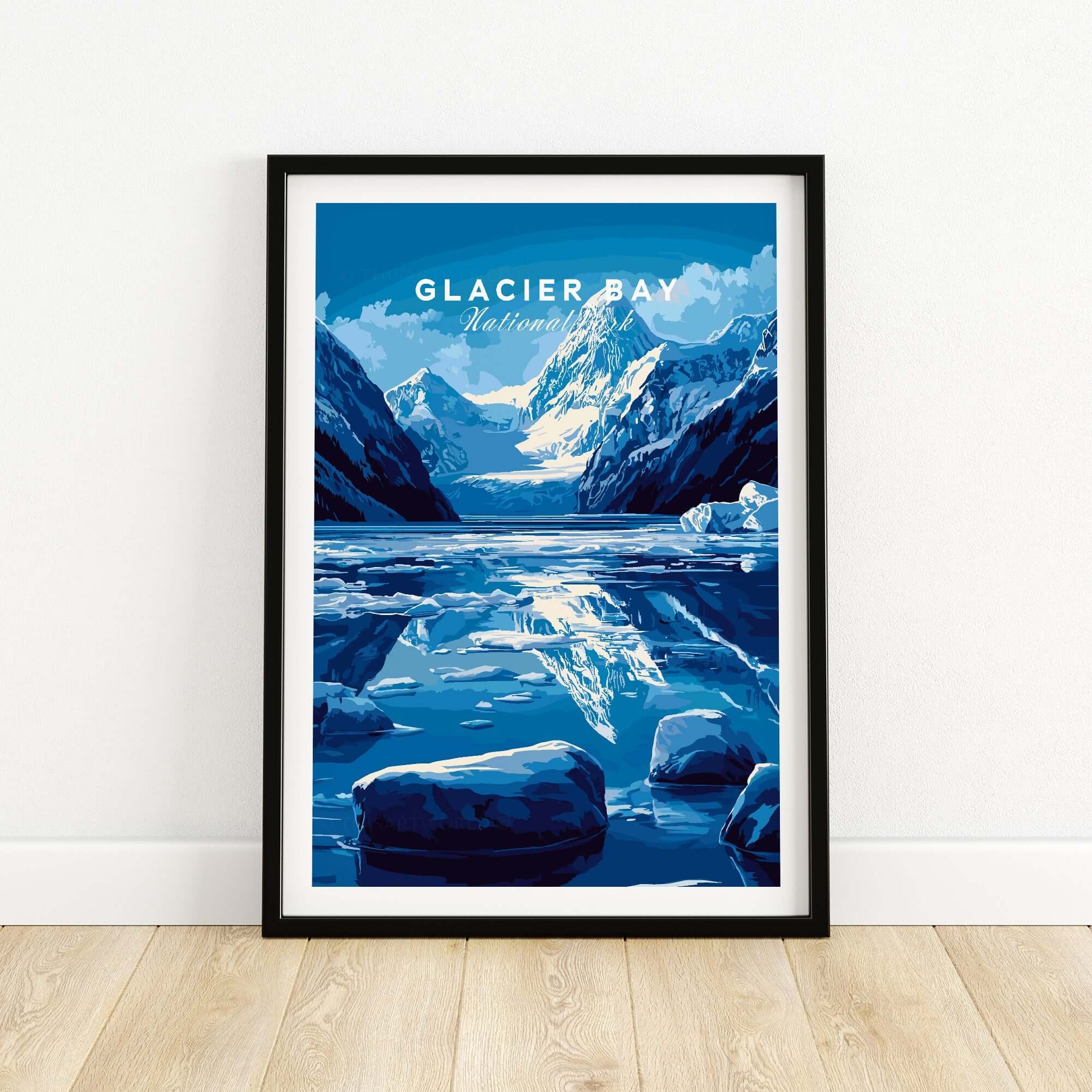 Glacier Bay National Park Alaska Print featuring stunning blue glaciers and mountains in a framed artwork.