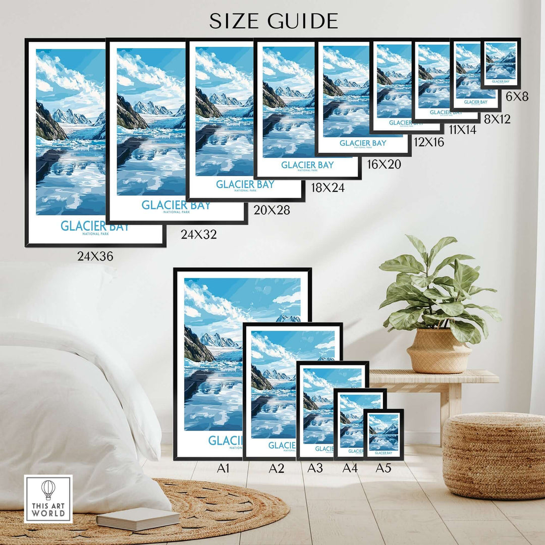 Size guide for Glacier Bay Poster featuring various frame sizes and stunning Alaskan landscape imagery.