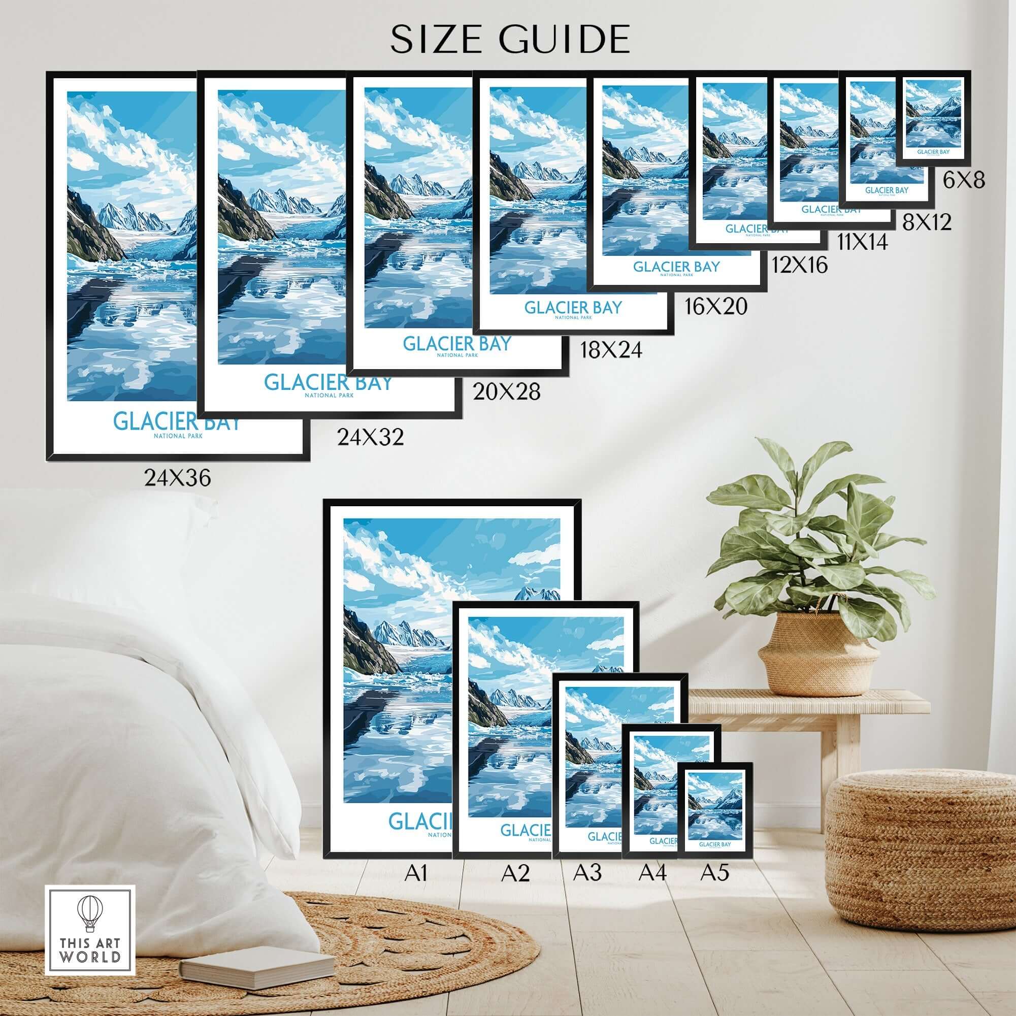 Glacier Bay Poster Alaska size guide featuring various frame sizes and stunning glacier landscape.
