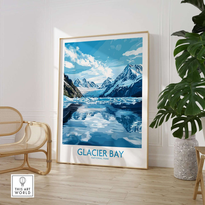 Glacier Bay National Park poster showcasing stunning mountain and water landscape, perfect for home or office decor.