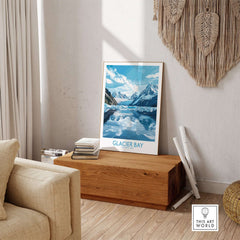 Glacier Bay Poster Alaska displayed in a stylish living room setting with nature-inspired decor.