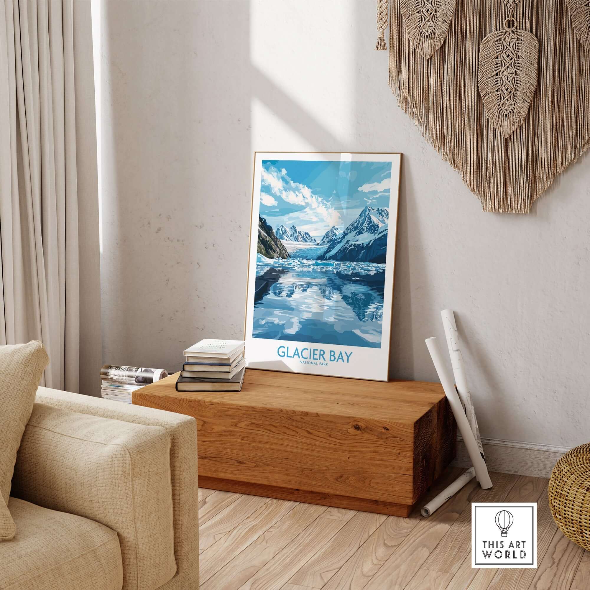 Glacier Bay Poster Alaska displayed in a stylish living room setting with nature-inspired decor.