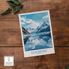 Glacier Bay Poster Alaska featuring a stunning view of Glacier Bay National Park on a wooden surface.