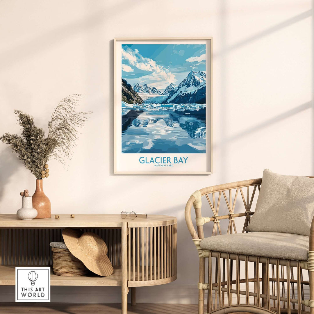 Glacier Bay poster showcasing Alaska's stunning landscape, framed and displayed in a cozy living space.