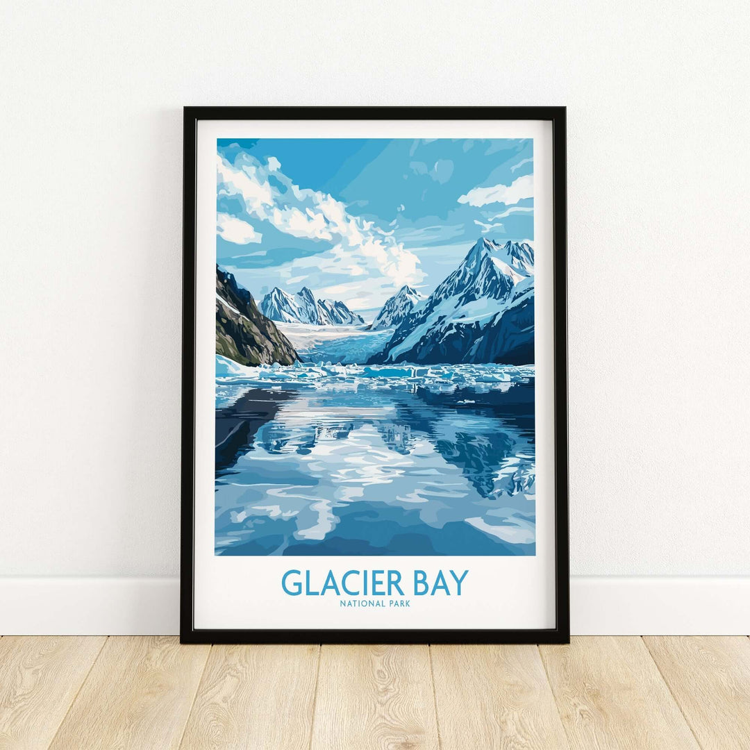 Glacier Bay National Park poster showcasing stunning blue mountains and icy waters, perfect for nature lovers and adventure seekers.